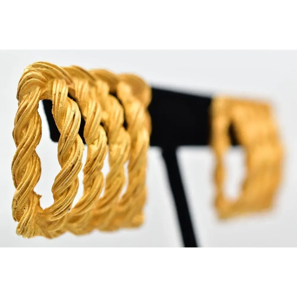 Vintage Square Rope Earrings Dangle Brushed Gold Matte Chunky Bold 1980s BinBK